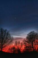 noche cielo con rojo nubes y puesta de sol Dom y negro sin hojas arboles foto