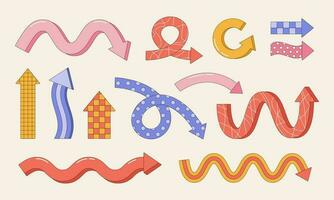 Collection of different abstract playful arrow pointers. Dynamic groovy cartoon arrow signs. Vector illustration.