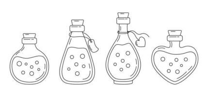 Set of hand drawn magic potions in line style isolated on white background. Outline doodle elixirs for witchcraft. vector