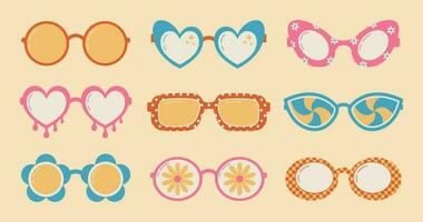 Collection of groovy hippie sunglasses in flat style. Cartoon abstract psychedelic retro glasses. vector