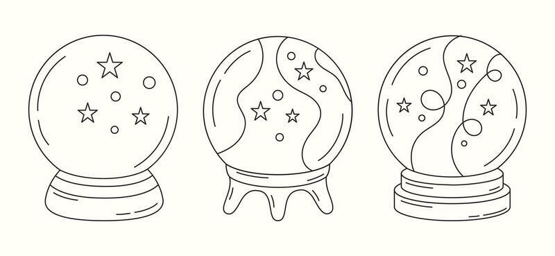 Set of magic crystal balls in linear style. Magic outline symbol isolated on white background.