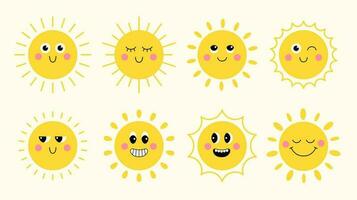 Collection of cute groovy cartoon sun characters. Funny faces with shining light rays in flat style. vector