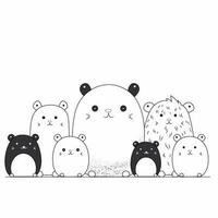 Black and White Cute Kawaii Bear Character Set in Doodle Style. vector