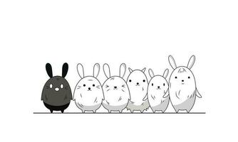 Black and White Cute Kawaii Rabbit Character Set in Doodle Style. vector