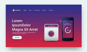 Landing Page or Hero Banner Design, Futurstic Washing Machine Connected with Smartphone on Gradient Blue and Red Background. vector