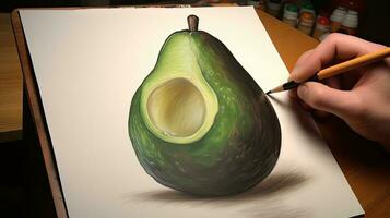 3D Art Presenting Image of Hand Drawing Realistic Avocado with Pencil. Generative AI. photo