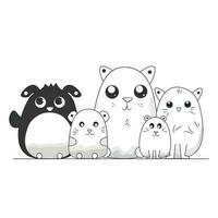 Black and White Kawaii Animals in Siting Pose. vector