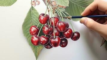 3D Art Presenting Image of Hand Drawing Realistic Cherries Tree Branch with Pencil. Generative AI. photo