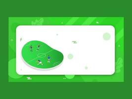 Cartoon Soccer Player Character Playing Football on Green Abstract Field Background and Space for Message. Football Game Responsive Template of Poster Design. vector