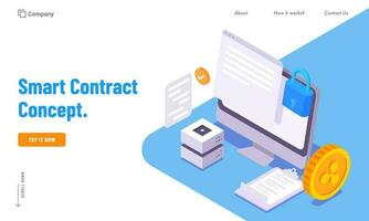 Smart Contract Concept Based Landing Page Design in Blue and White Color. vector