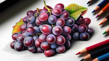 3D Art Image of Realistic Drawing Black Grapes with Pencil Illustration. Generative AI. photo