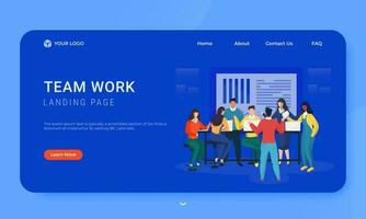 Teamwork Concept Based Landing Page Design in Blue Color, Illustration of Business People Working Together on Workplace. vector