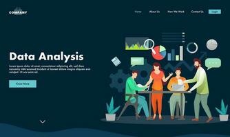 Data Analysis Concept Based Landing Page Design with Business People or Analysts Working Together from Laptop on Workplace. vector