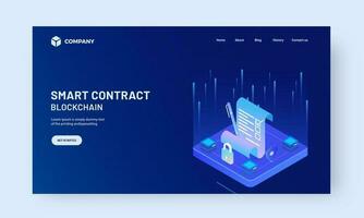 Blockchain Digital Smart Contract Based Landing Page Design in Blue Color for Advertising. vector