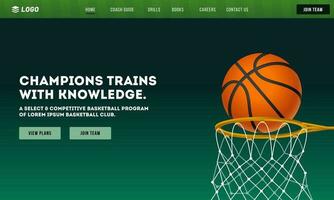 Basketball Champions Trains with Knowledge Game App or Responsive Template Design with Basketball Goal in Hoop Net. vector