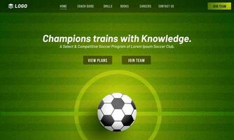 Soccer Champions Trains with Knowledge Game Website or Responsive App Design with Closeup Football on Center Field. vector