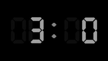 Digital countdown clock timer in one minute or 60 seconds to zero second. White text number on isolated black background. video