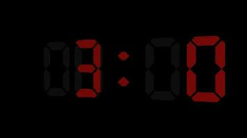 Digital countdown clock timer in one minute or 60 seconds to zero second. White text number on isolated black background. video