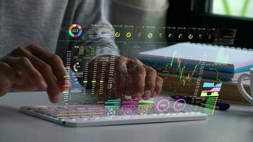 uma homens usando digital tábua para analisar uma estoque mercado intercâmbio. o negócio dados número futurista holograma fundo. video