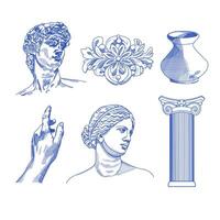 Ancient sketch drawings - statues, bust, pillar, amphora, column. Different objects. Mythical, ancient Greek or roman style. Hand drawn sculpture illustration. Classic statues. Collage art elements vector