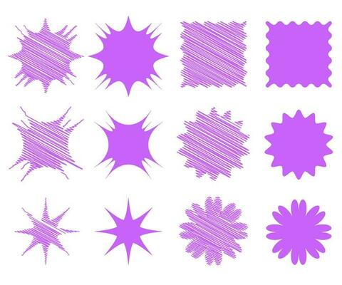 Starburst badge, various geometric shapes. Set of stickers, emblems of various shapes for sale, price tag. Icons in sketch and hatched style, vector illustration