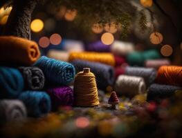Multicolored forest made by wool yarn fabrics Created with Generative AI technology photo