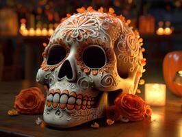 día de el muerto azúcar cráneo maquillaje con flores y velas en oscuro antecedentes creado con generativo ai tecnología foto