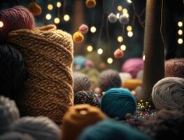 Multicolored forest made by wool yarn fabrics Created with technology photo