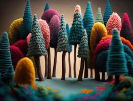 Multicolored forest made by wool yarn fabrics Created with technology photo