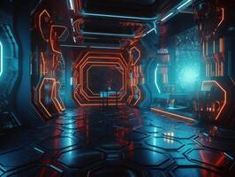 Abstract Futuristic scene with glowing neon lights and chaotic geometric shapes Created with technology. photo