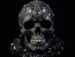 Black marble carved fresco of skull frontal face with gold ornament on black background Created with technology photo