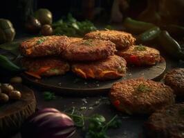 Grilled meat burger patties with vegetables created with technology. photo