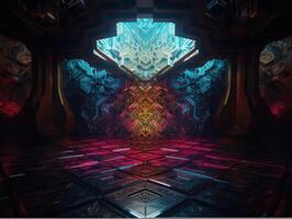 Abstract Futuristic scene with glowing neon lights and chaotic geometric shapes Created with technology. photo