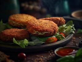 Grilled meat burger patties with vegetables created with technology. photo