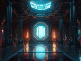 Abstract Futuristic scene with glowing neon lights and chaotic geometric shapes Created with technology. photo