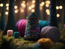 Multicolored forest made by wool yarn fabrics Created with technology photo