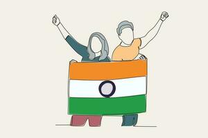 Color illustration of two friends holding Indian flags vector