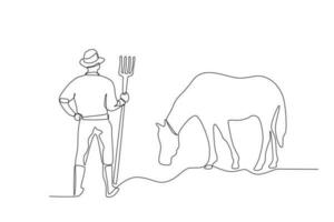 Back view of a farmer with his cow vector