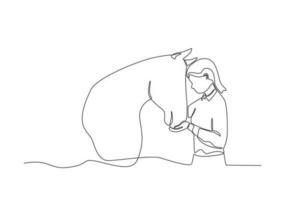 A woman feeds horses vector