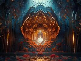 Abstract Futuristic scene with glowing neon lights and chaotic geometric shapes Created with technology. photo