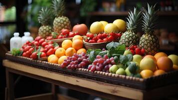 fruits in basket with fruits on shelf in market. photo