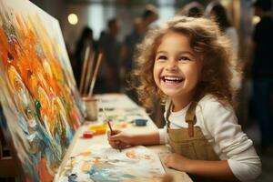 Girl holding a paintbrush, facing the camera, drawing on a wooden table, children's room background. AI Generated photo