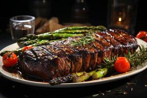 steak with tomatoes and asparagus on plate over night photo