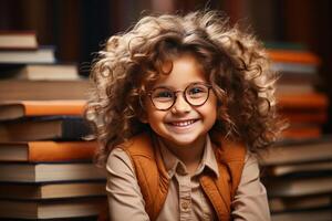 portrait of a happy child little girl with glasses sitting on a stack of books and reading a books. AI Generated photo