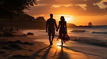 sunset beach with couple holding hands. photo