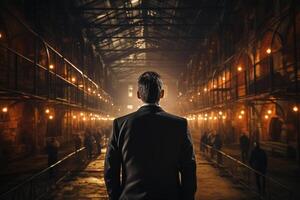 The businessman got out of prison with his things and is thinking about what to do next. A man stands near the exit from the prison. photo