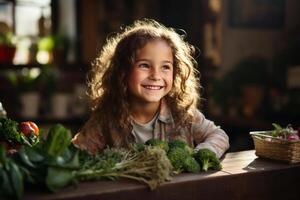 Happy child looking at box full of vegetables on kitchen table. photo