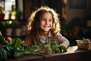 Happy child looking at box full of vegetables on kitchen table. AI Generated photo