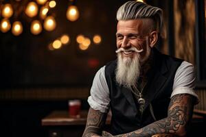 sonriente antiguo tatuado Moda hombre con negrita pelo de fumar un cigarrillo. ai generado foto