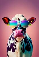 Creative animal composition. Cow wearing shades sunglass eyeglass isolated. Pastel gradient background. With text copy space. AI Generated photo